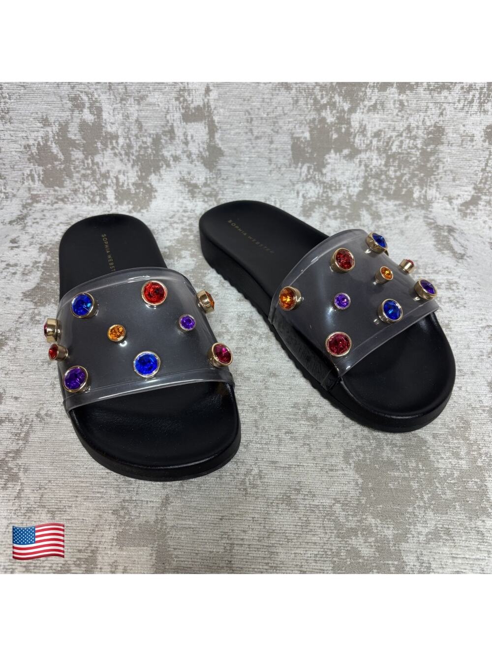 Sophia Webster Dina Crystal Gem Studded Slides in Black/Frosted